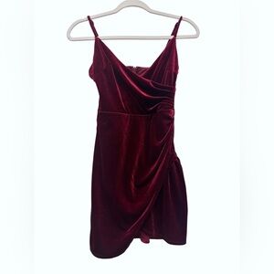 B Darlin Burgundy V-Neck Surplice Side Ruched Velvet Sheath Dres